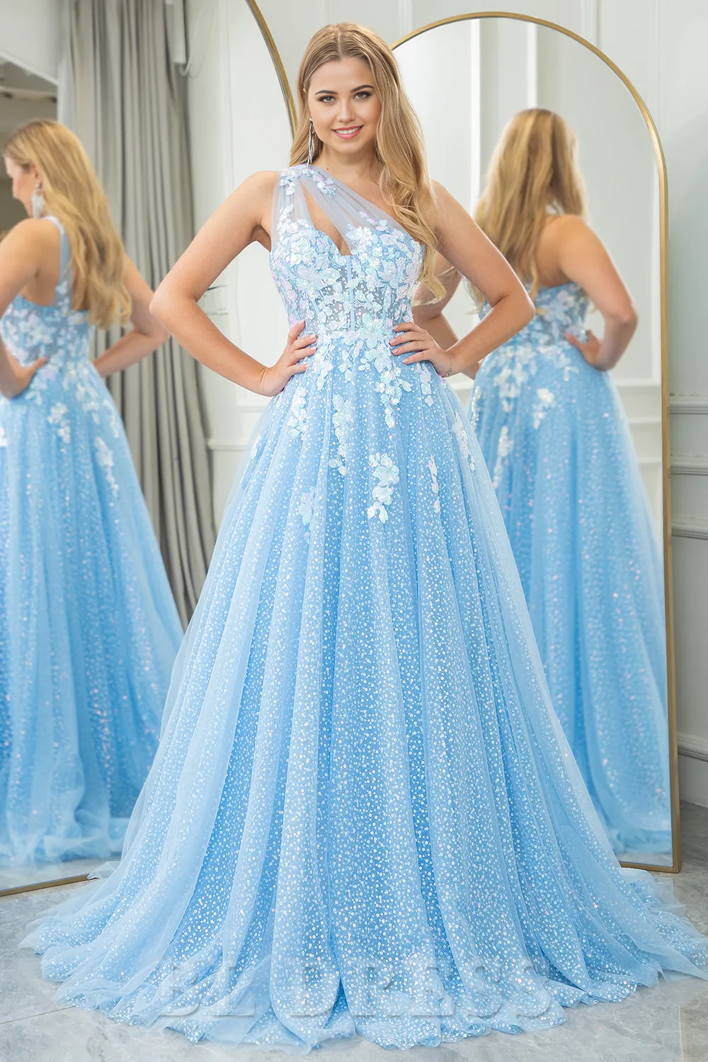 A Line One Shoulder Long Tulle Light Blue formal dresses evening gown Prom Dress With Appliques