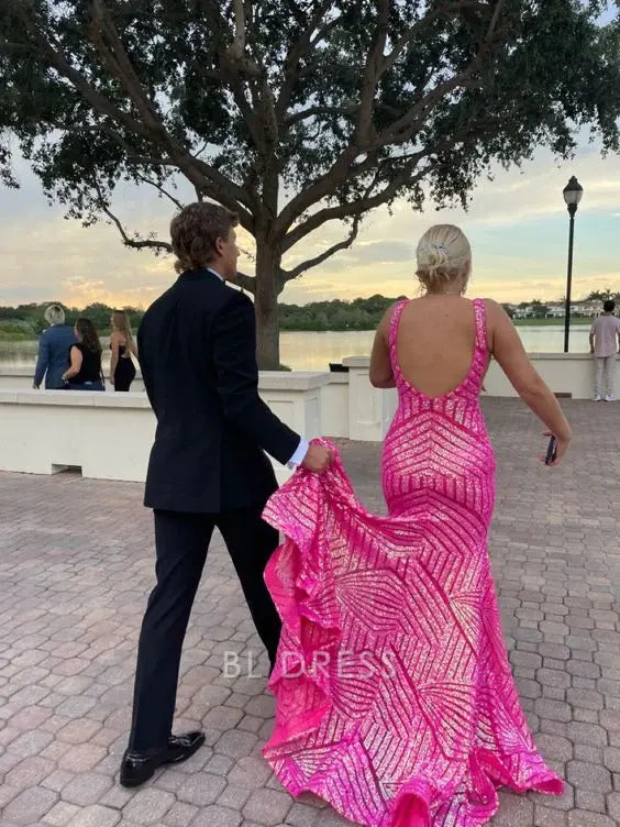 Mermaid Sparkly Elegant Hot Pink Sequins Long formal dresses Bridesmaid Dresses evening gown Prom Dress
