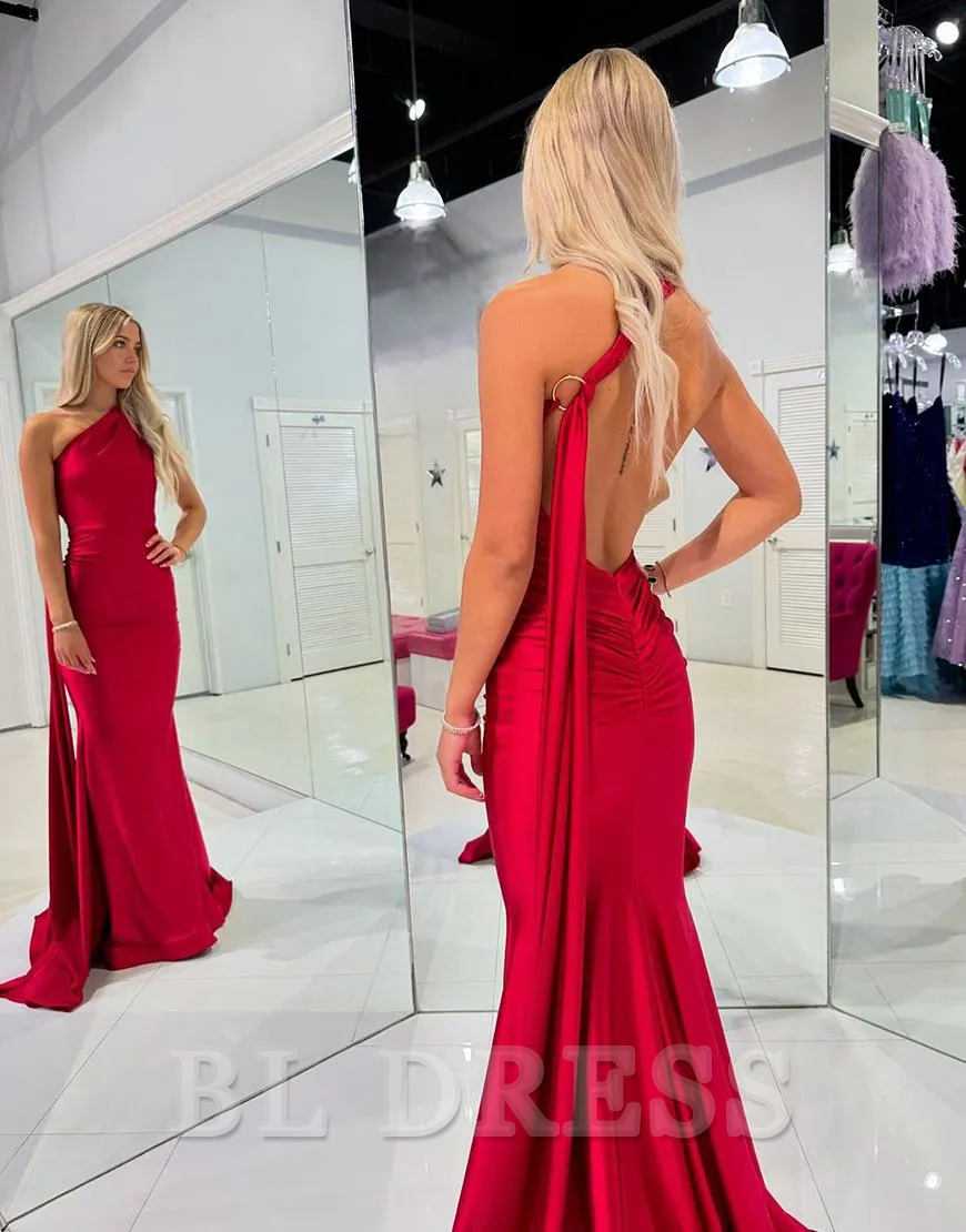 Mermaid One Shoulder Open Back Long formal dresses evening gown Prom Dress with Strap