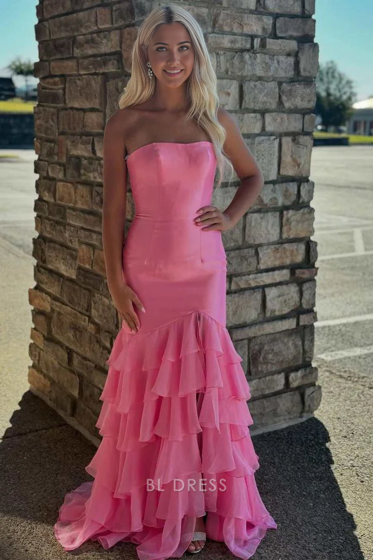 Sheath Strapless Tiered Pink Long formal dresses Bridesmaid Dresses evening gown Prom Dress With Slit