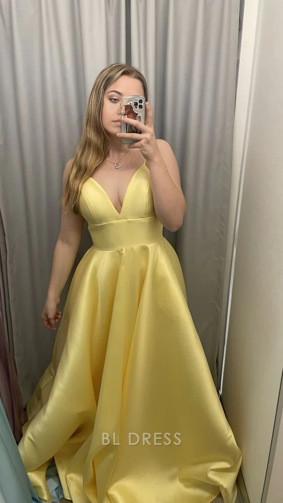A-line Spaghetti Straps V-neck Floor Length Satin Sexy Yellow formal dresses Bridesmaid Dresses evening gown Prom Dress