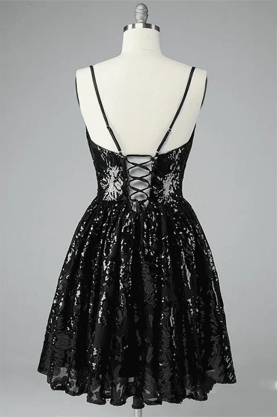 A-Linien-Minikleid mit V-Ausschnitt, Schnürung am Rücken und Paillettenstickerei