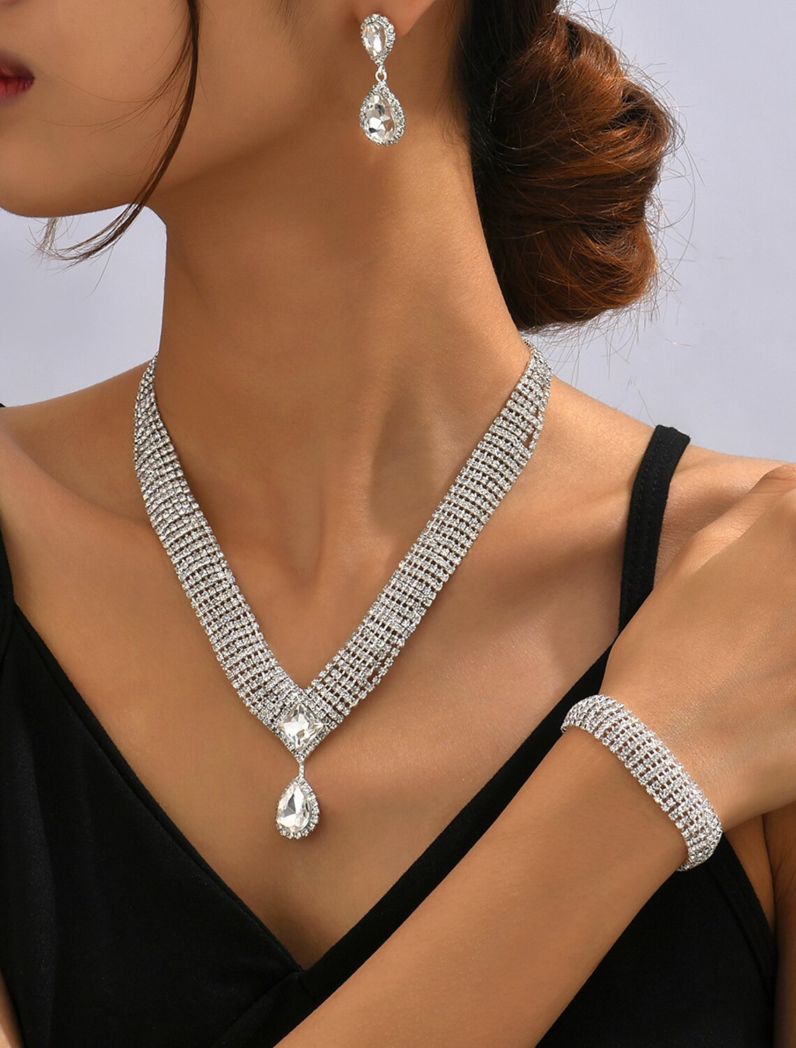 Bridal Jewelry Sets 1 set Imitation Diamond Alloy 1 Necklace 1 Bracelet Earrings Women's Simple Luxury Elegant Tennis Chain Jewelry Set For Wedding Gift