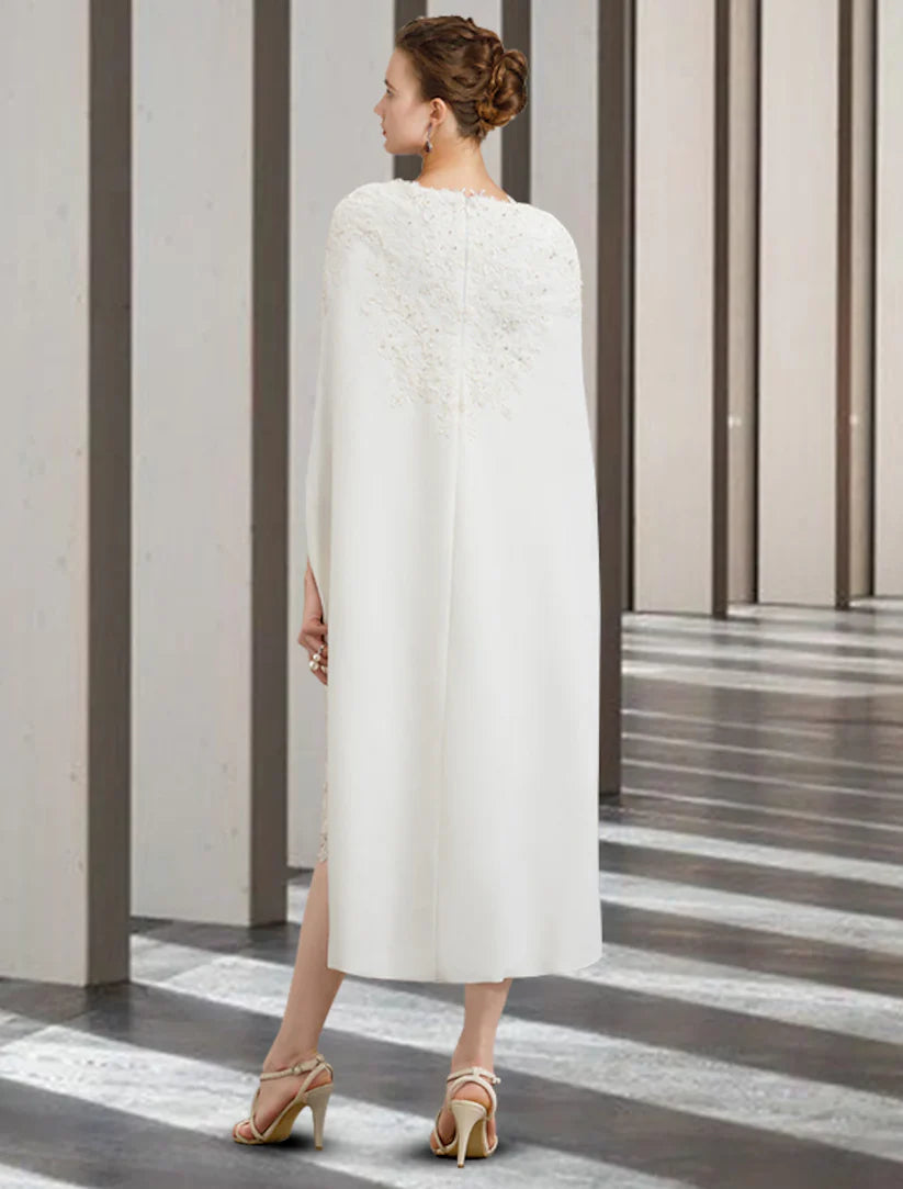 Two Piece Sheath / Column Mother of the Bride Dress Wedding Guest Church Elegant Jewel Neck Knee Length Chiffon Lace Sleeveless with Beading Appliques Fall