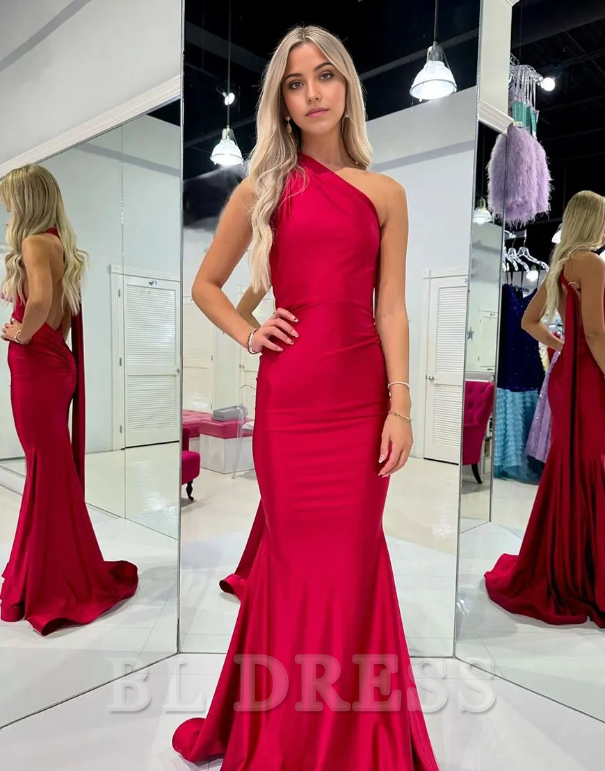 Mermaid One Shoulder Open Back Long formal dresses evening gown Prom Dress with Strap