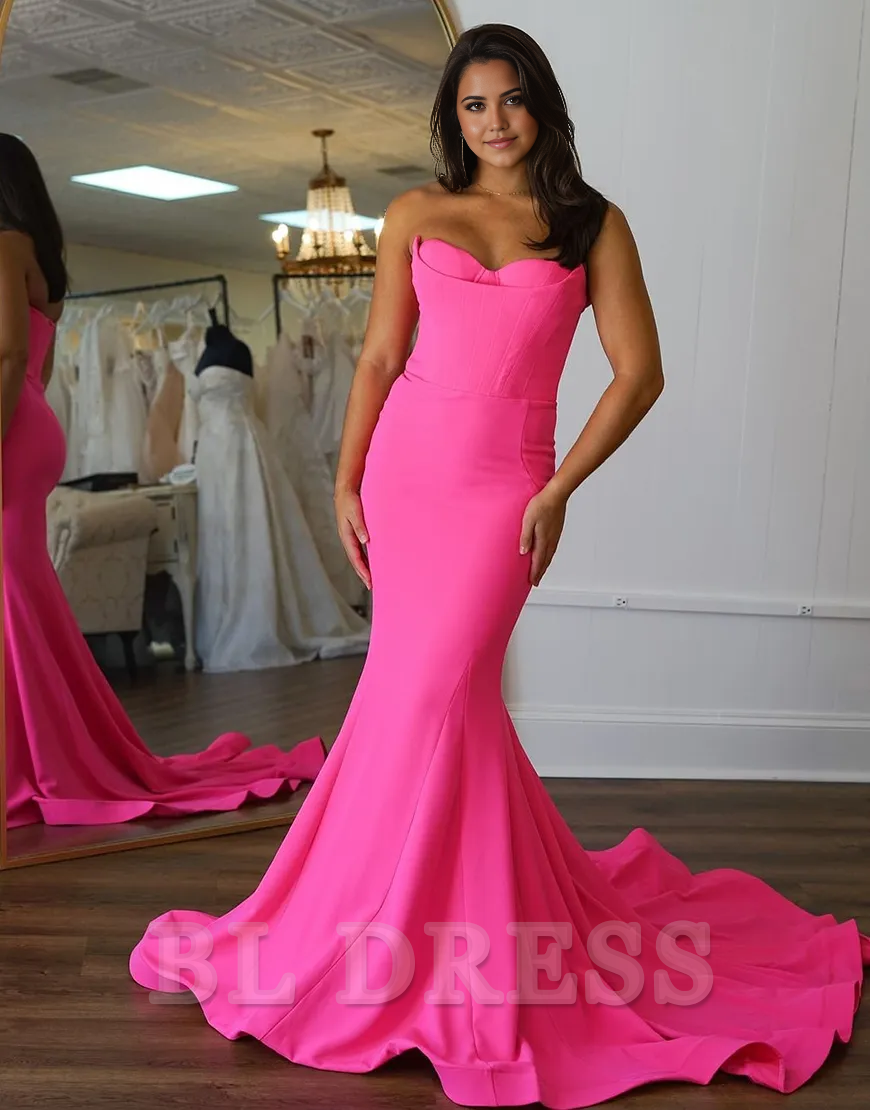 Mermaid Strapless Corset Hot Pink Long formal dresses evening gown Prom Dress