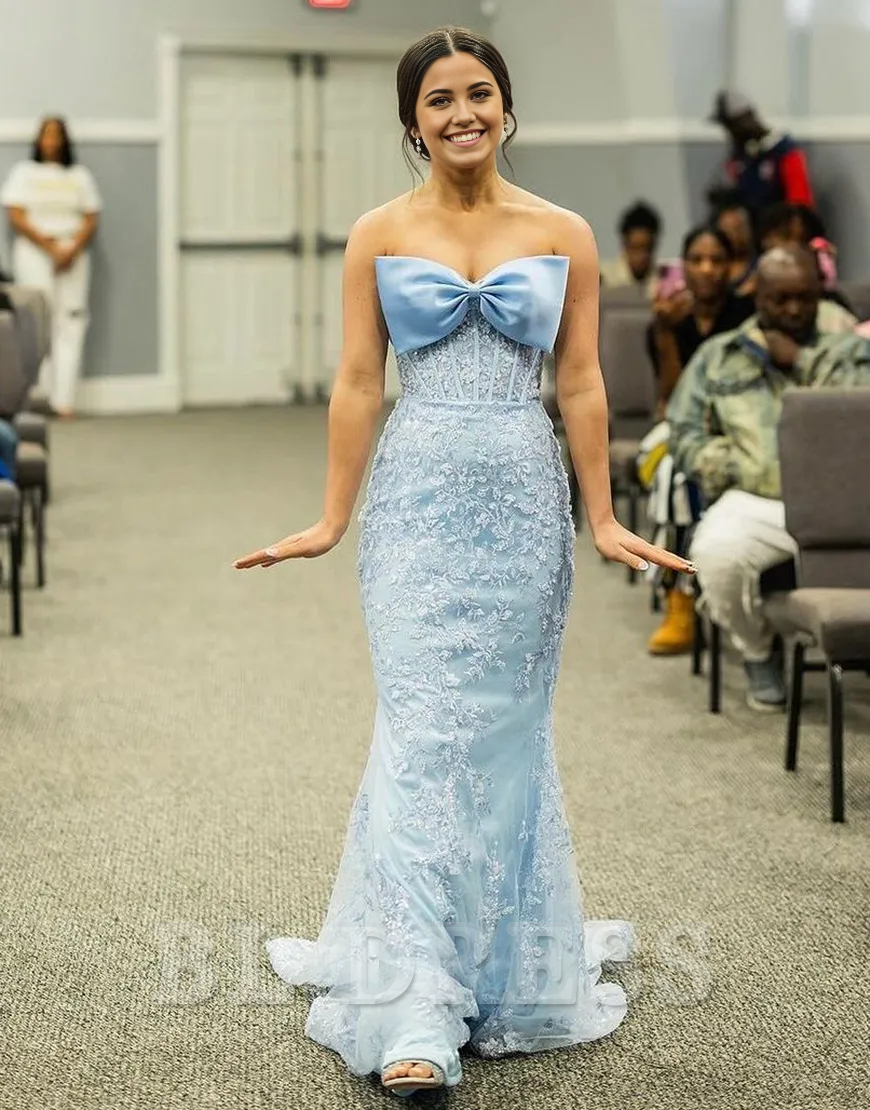 Mermaid Sparkly Strapless Corset Appliques Sky Blue Long formal dresses Bridesmaid Dresses evening gown Prom Dress with Bow