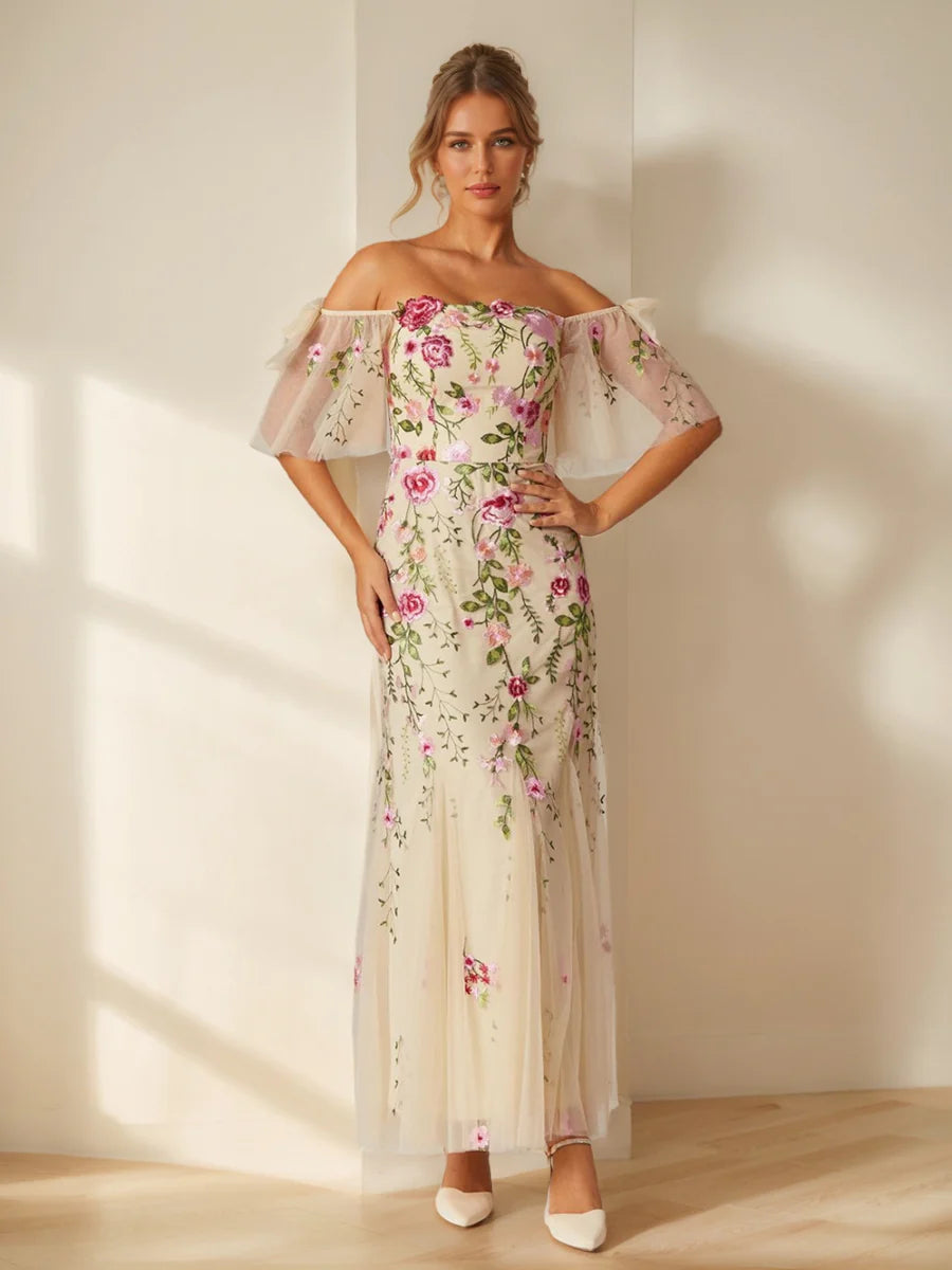 Trumpet/Mermaid Off-the-Shoulder Short Sleeves Long Prom Dresses with Embroidery & Bow