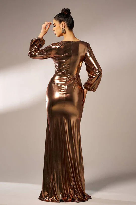 V-Neck Long Sleeves Mermaid Party Evening Dress With Slit