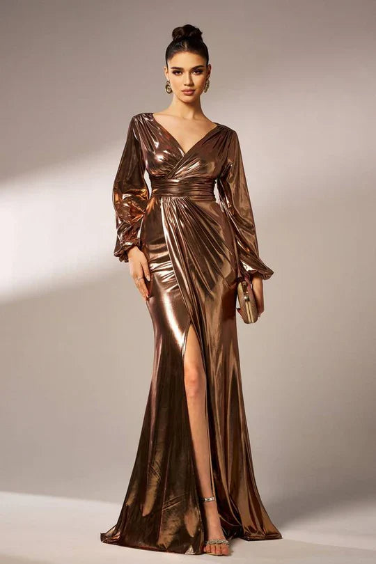 V-Neck Long Sleeves Mermaid Party Evening Dress With Slit