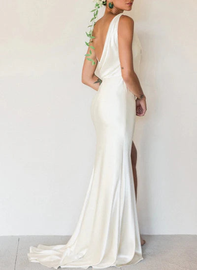 Minimalist Spaghetti Straps Satin Slit  Fitted Wedding Dresses