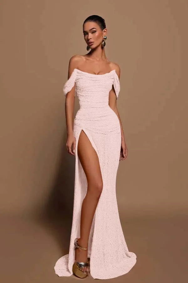 Sparkle & Shine  Sequins Off the Shoulder Pleated Long  With Split Prom Dress