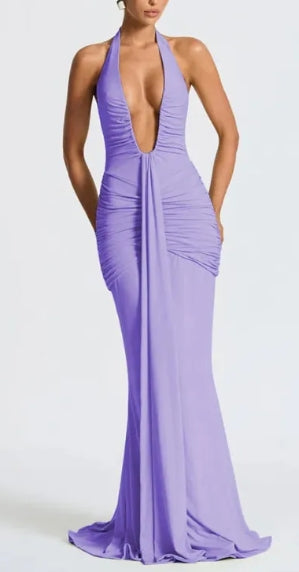 Modern Halterneck V-neck Open Back Tie Gathered Maxi Dress