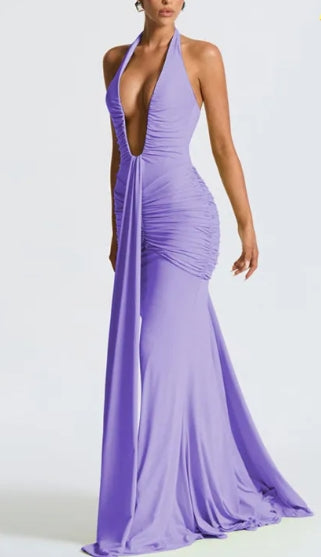 Modern Halterneck V-neck Open Back Tie Gathered Maxi Dress