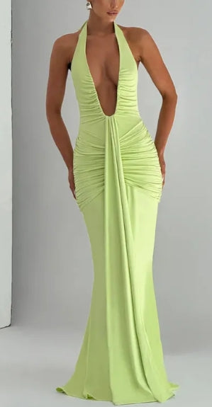 Modern Halterneck V-neck Open Back Tie Gathered Maxi Dress