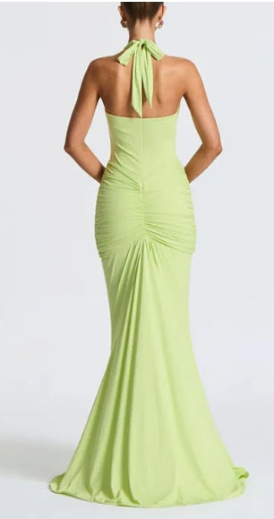 Modern Halterneck V-neck Open Back Tie Gathered Maxi Dress