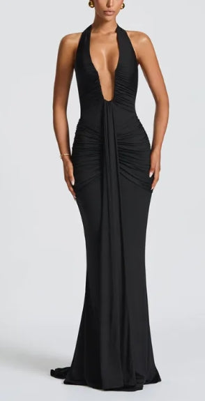 Modern Halterneck V-neck Open Back Tie Gathered Maxi Dress