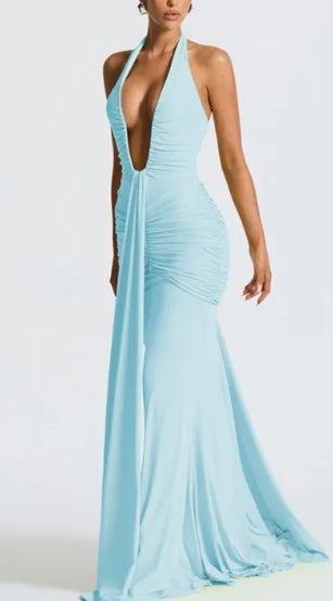 Modern Halterneck V-neck Open Back Tie Gathered Maxi Dress