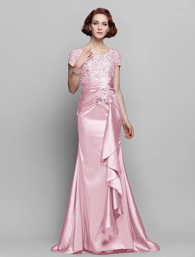 Mermaid / Trumpet Mother of the Bride Dress See Through Scoop Neck Sweep / Brush Train Taffeta Beaded Lace Short Sleeve with Flower