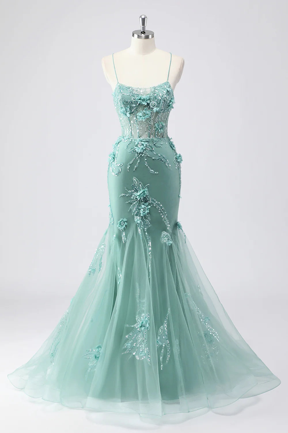 Elegant Spaghetti Straps Mermaid Long Prom Dress with 3D Flowers