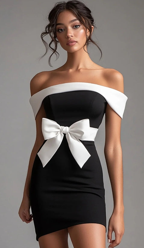 Elegantes schulterfreies, kurzes schwarzes Kleid mit Schleife