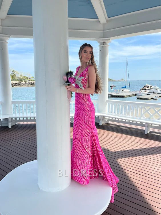 Mermaid Sparkly Elegant Hot Pink Sequins Long formal dresses Bridesmaid Dresses evening gown Prom Dress