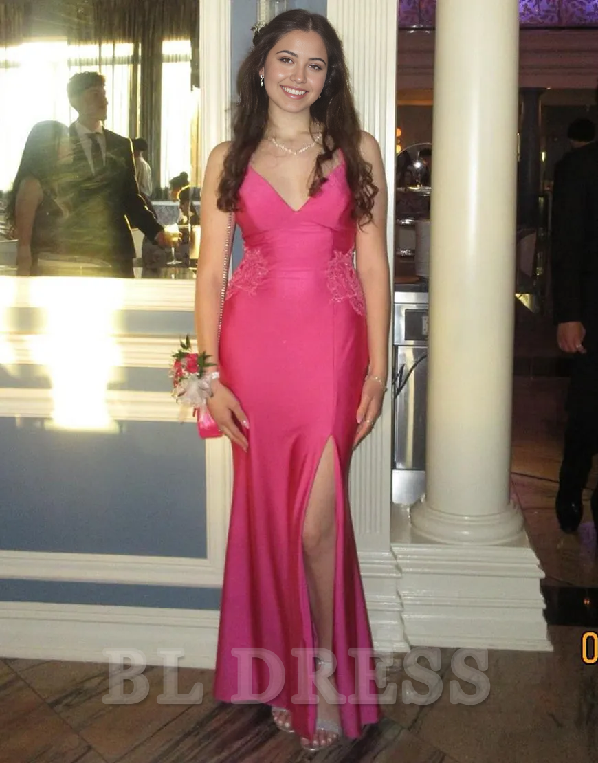 Mermaid Spaghetti Sparkly Straps Appliques Fuchsia Long formal dresses evening gown Prom Dress with Slit