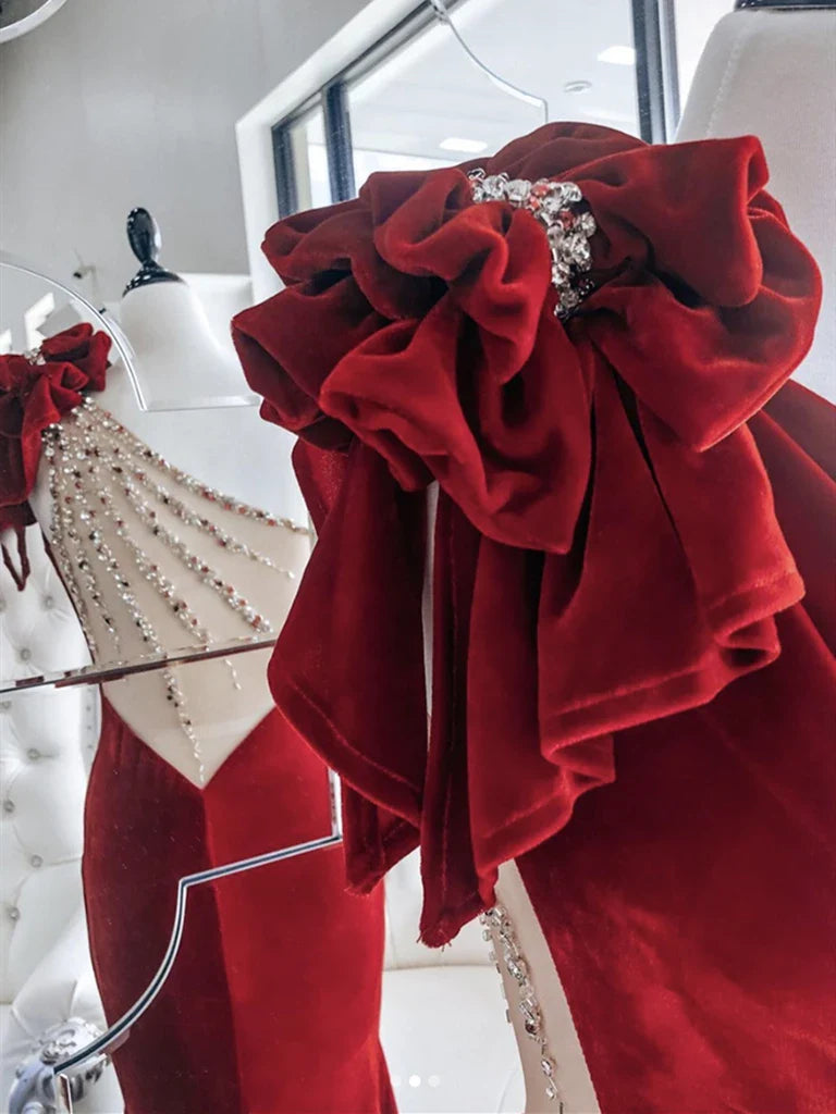 Mermaid One Shoulder Velvet Long Prom Dresses