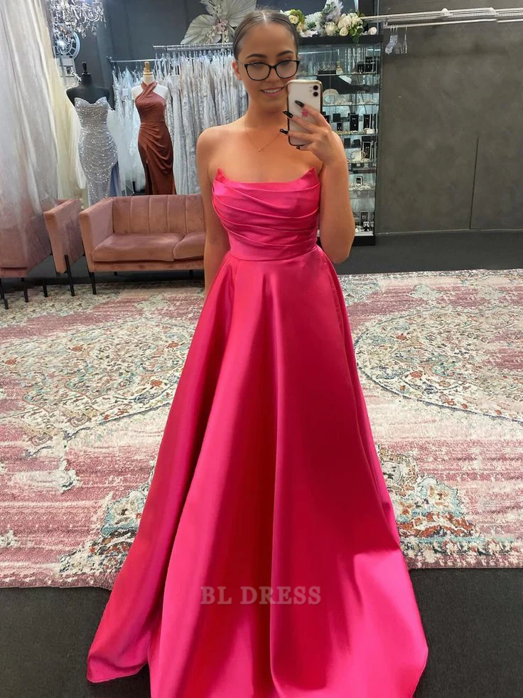A Line Elegant Strapless Satin Pink Long formal dresses Bridesmaid Dresses evening gown Prom Dress