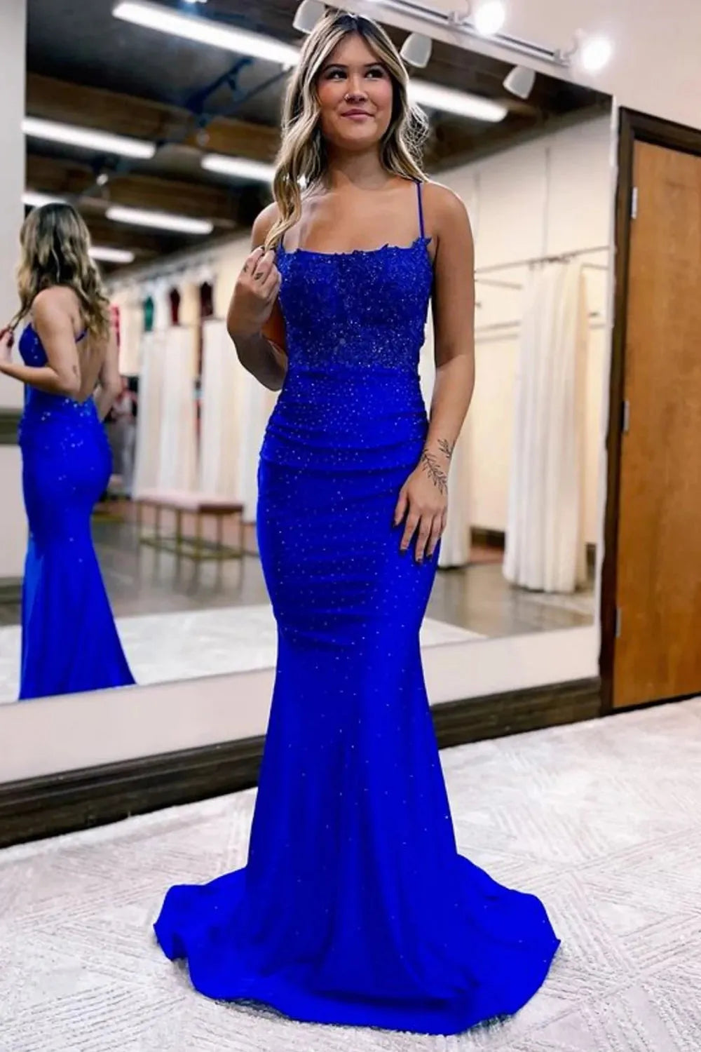 Mermaid Spaghetti Straps Long Prom Dress with Appliques