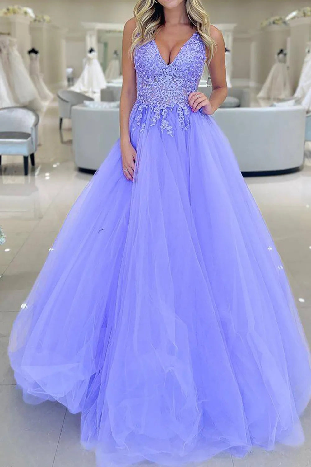 A Line V Neck Gorgeous Long Prom Dress with Appliques
