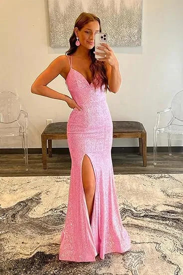 Mermaid Spaghetti Straps Sequins Long Prom Dress with Split Front