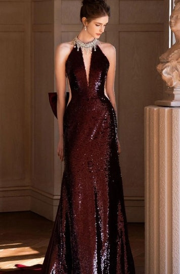 Sparkling Glitter Backless Big Bow  Halter Prom Dress