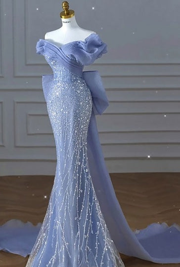 Luxury Big Bow Train Mermaid Sequined Dusty Prom Dress