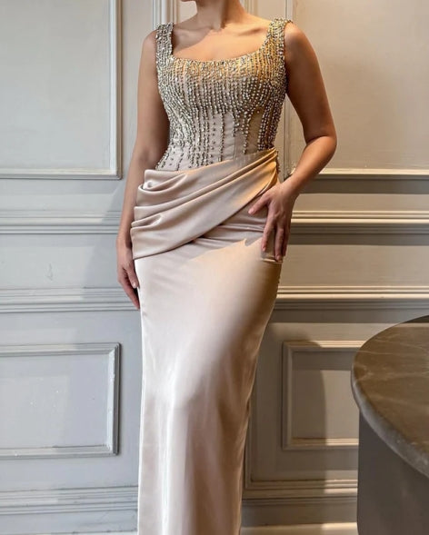 Square-Neck Sleeveless Floor-Length Mermaid  Beaded Pleated Sparkle & Shine Prom Dress