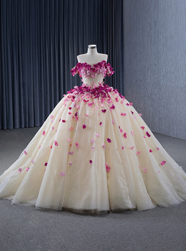 Romantic Champagne Tulle Off the Shoulder 3D Flower Beading Prom Dress