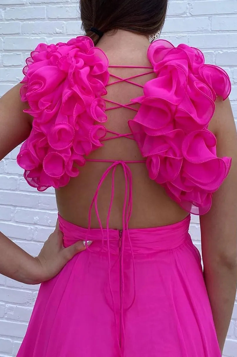 A Line V Neck Long Prom Dress with 3D Flowers
