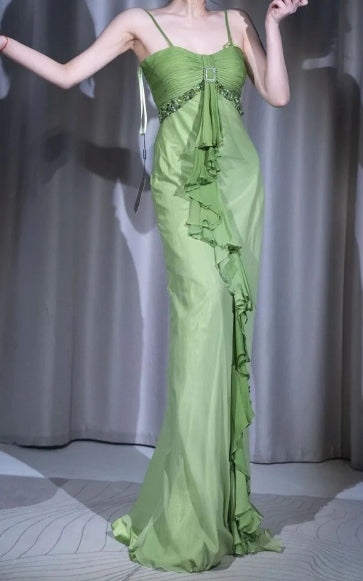 Chic  Mermaid Spaghetti Strap Beaded Ruffle Chiffon Party Dress Evening Dress