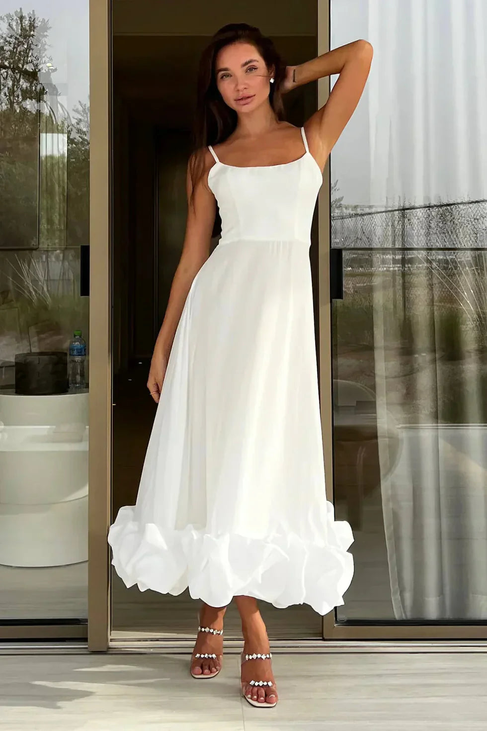 Simple A Line Long Prom Dresses with Ruffles