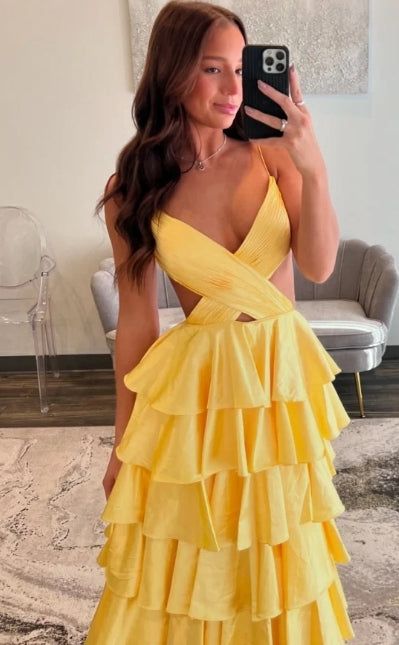 Chic A-Line V Neck Spaghetti Straps Tiered Slit Evening Gown Formal Dress