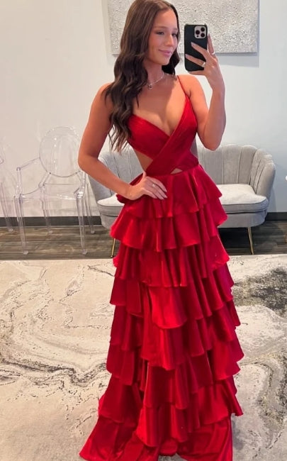 Chic A-Line V Neck Spaghetti Straps Tiered Slit Evening Gown Formal Dress