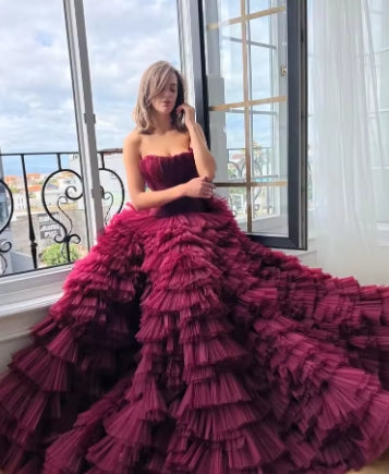 Elegant Princess Strapless Multilayer Robes Party Dresses Ball Gown Prom Dress