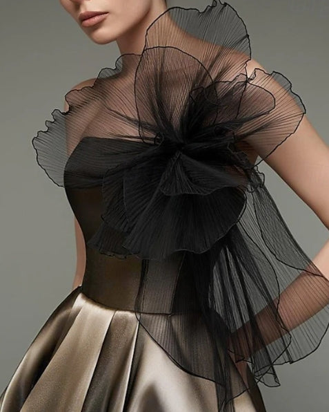 Formal Wedding Tea Length Midi Length Sleeveless Strapless with Shouder Flower Prom Dress