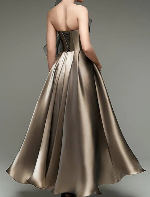 Formal Wedding Tea Length Midi Length Sleeveless Strapless with Shouder Flower Prom Dress