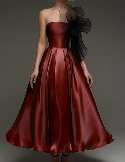 Formal Wedding Tea Length Midi Length Sleeveless Strapless with Shouder Flower Prom Dress