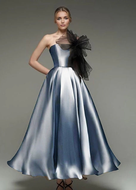 Formal Wedding Tea Length Midi Length Sleeveless Strapless with Shouder Flower Prom Dress