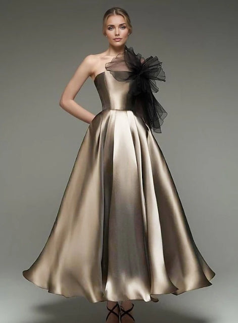 Formal Wedding Tea Length Midi Length Sleeveless Strapless with Shouder Flower Prom Dress