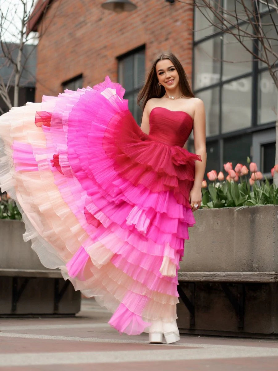 Fashion Sweetheart Pleated Bodice Long Prom Dress with Ruffles