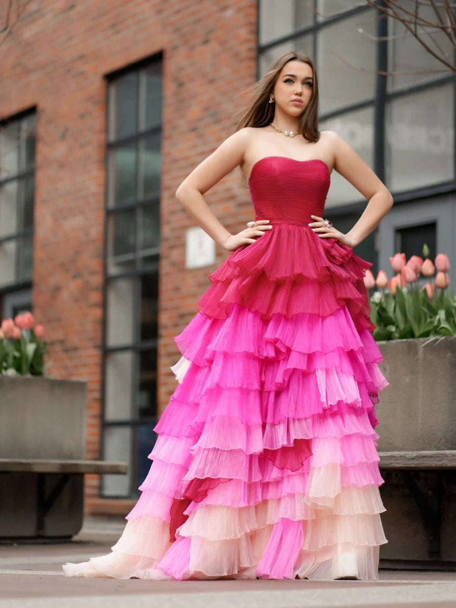 Fashion Sweetheart Pleated Bodice Long Prom Dress with Ruffles