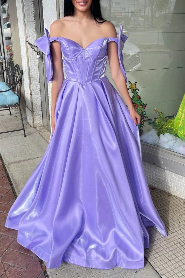Artistic A-Line Off-Shoulder Bow Pleated Long Prom Dress